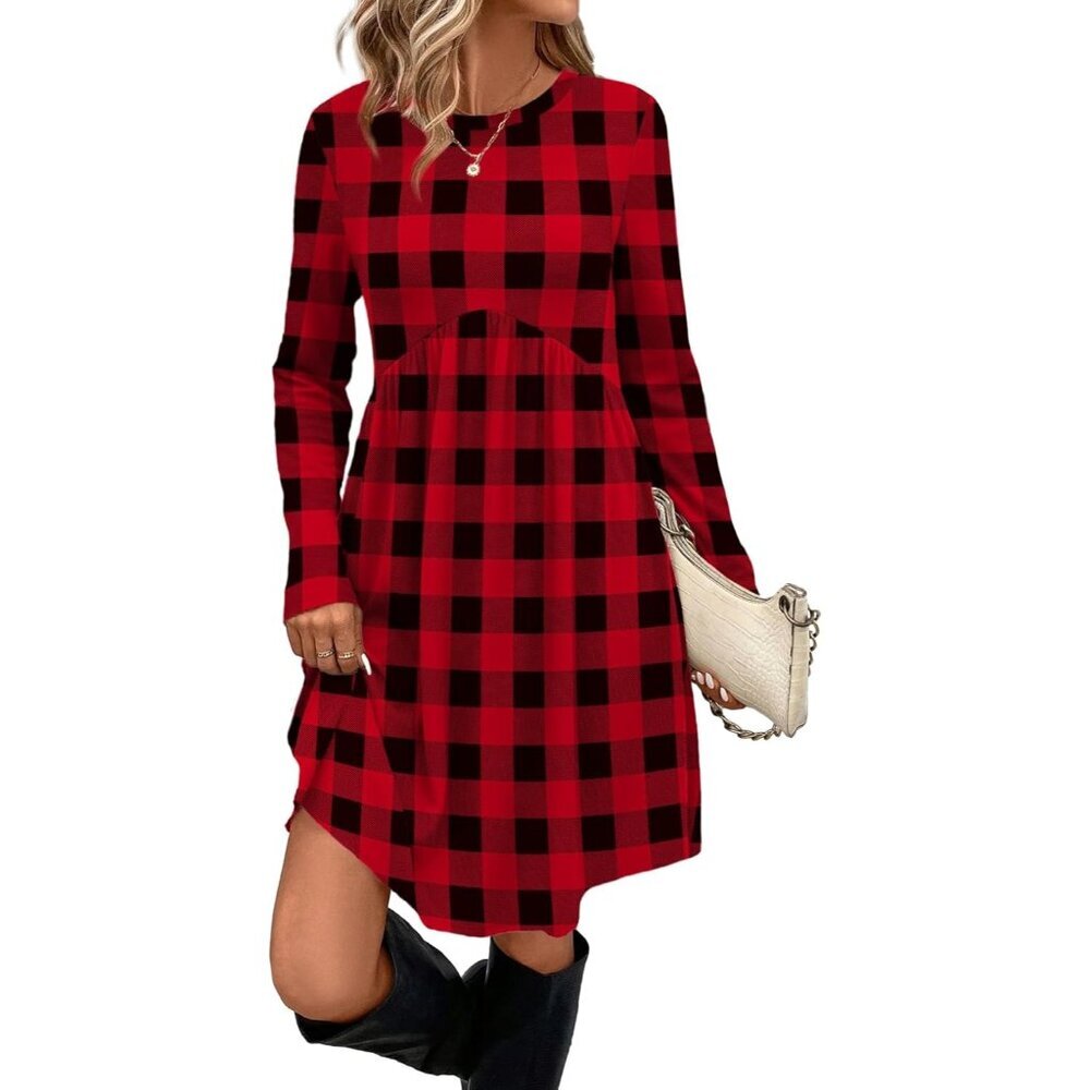 Ofeefan Women Black Red Crew Neck Long Sleeve Empire Waist Dress with Pockets